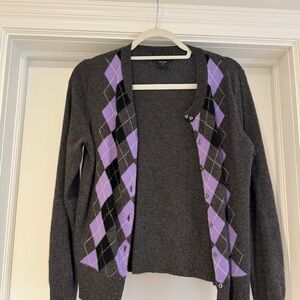 Lord & Taylor Charcoal Cardigan with Lavender Argyle Trim